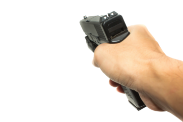 male hand holding gun aiming in subjective point of view POV transparent on background in fire weapon use and war crime and violence concept 