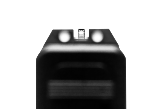 point of view of pistol weapon hand gun aim down sights transparent on background