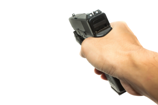 male hand holding gun aiming in subjective point of view POV transparent on background in fire weapon use and war crime and violence concept 