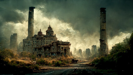 Concept art illustration of grim abandoned postapocalyptic city - obrazy, fototapety, plakaty