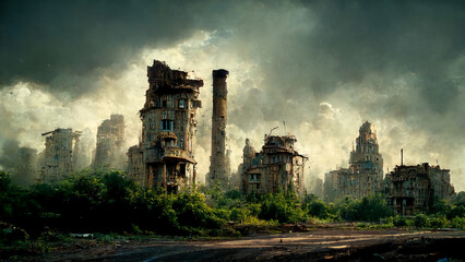 Concept art illustration of abandoned postapocalyptic city - obrazy, fototapety, plakaty