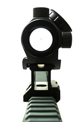 POV of M4 rifle weapon shooting gun with red dot transparent on background