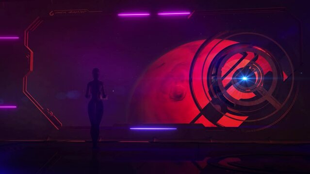 Robot aboard a spaceship in orbit of Mars, 3D render