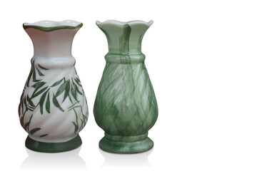 white and green ceramic vase and green ceramic vase on white background, object, decor, copy space