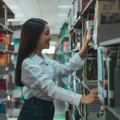 Young Asian women are searching for books in the university's great library, Learning in the library Concept..
