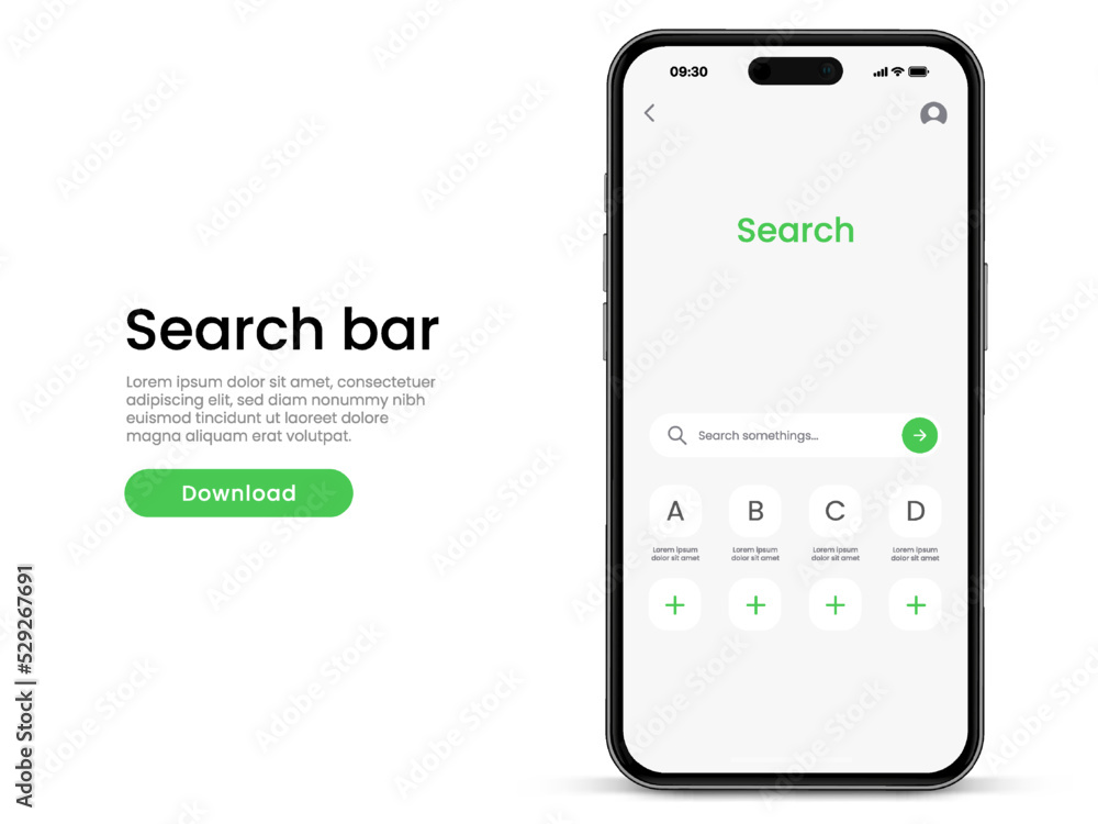 Aufkleber Web browser application, internet browser search engine template with 3d smartphone mockup. Search bar for UI UX website, mobile app. Search address and navigation bar mockup.