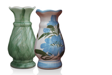 two ceramic vase, green ceramic vase and white and blue ceramic vase on white background, object, decor