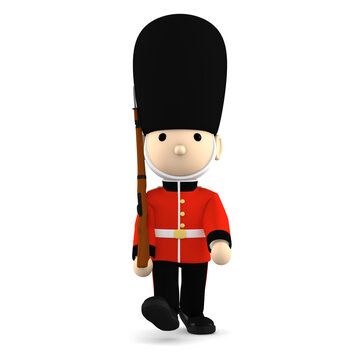 Toy soldier Queen's Guard in traditional uniform with gun walking, British soldier, 3D illustration