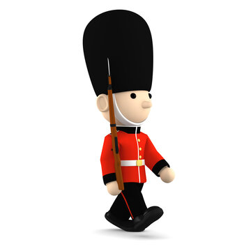 Toy soldier Queen's Guard in traditional uniform with gun walking, British soldier, 3D illustration
