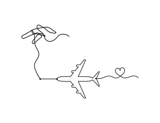 Abstract hand with plane as line drawing on white background