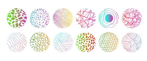Set of round abstract colored hand drawn doodle shapes. Spots, drops, curves, lines. Backgrounds in the form of a circle of spots, lines, splashes, stripes and dots.