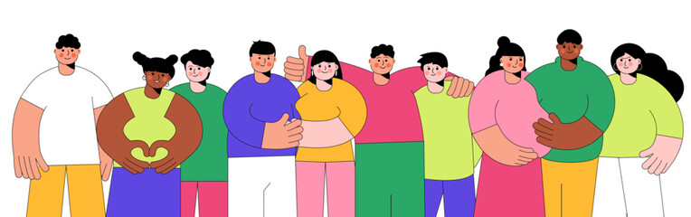 A group of colorful abstract people. Friends, girls and guys pose together. Embracing couples in love. Doodle characters of diverse young men, women. The concept of friendship, cooperation, teamwork