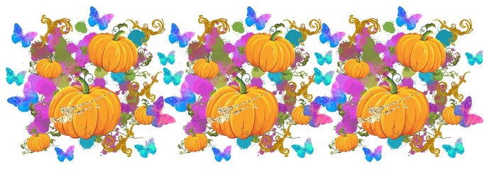 Halloween illustration, pumpkin with butterflies, flowers.