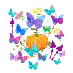 Autumn, Halloween illustration. Pumpkin, mushroom, butterflies, gold splashes.