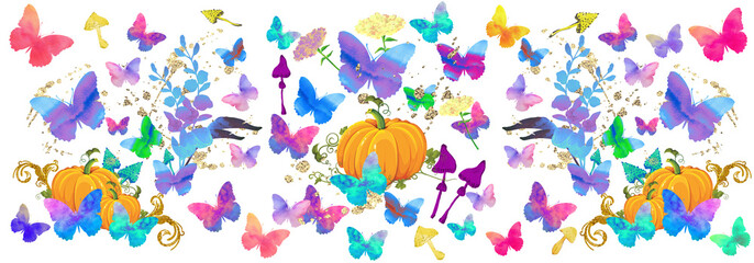 Halloween pumpkins pattern with flowers, butterflies, mushrooms, botanical design elements.