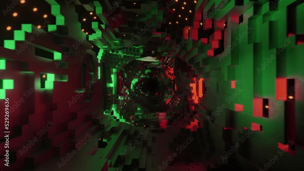 Poster cyber tunnel with pixels and rotating dots. design. movement in destroyed 3d tunnel with external ro
