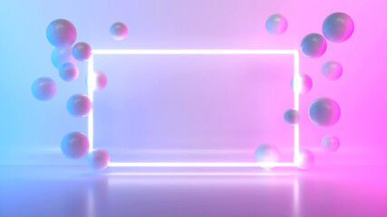 The background image has light blue and pink. There is a square shape of white neon lights surrounded by floating sphere balls.3D Scene.