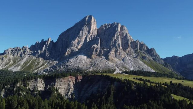 Sass de Putia mountain in Passo delle Erbe Pass or W&uuml;rzjoch in South Tyrol, Dolomites Italy. Trentino Alto Adige aerial view.