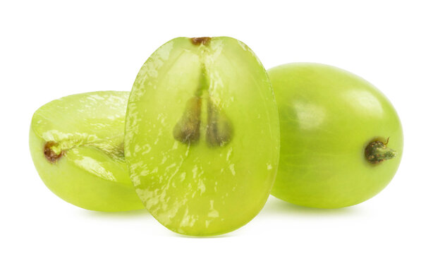 Grapes isolated. Green grapes and half a grape on a white background.