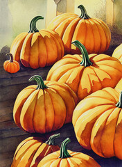Watercolor painting of pumpkins. Autumn and Halloween time - 529270424