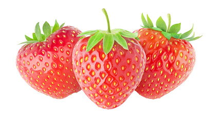 Three strawberry fruits top view cut out