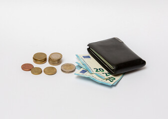 Black wallet with money isolated on white. Business and finance concept image. Inflation rising high concept.