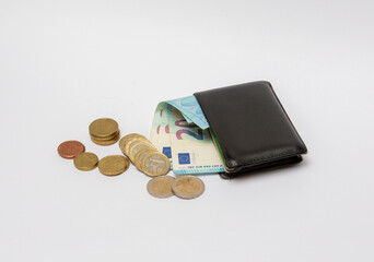 Black wallet with money isolated on white. Business and finance concept image. Inflation rising high concept.
