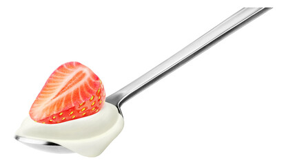 Spoon with whipped cream and strawberry half cut out