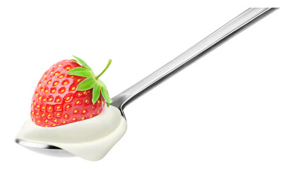 Spoon with whipped cream and strawberry on top cut out