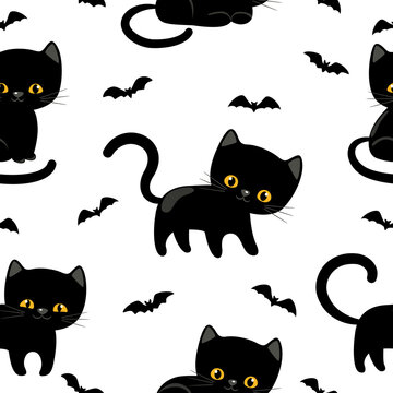 Halloween seamless pattern with black cats and bats. Holiday happy design. Vector illustration.