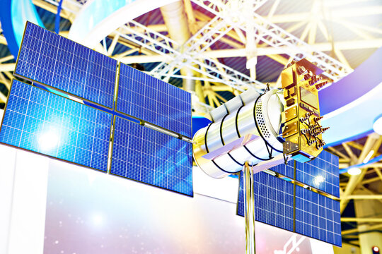 Miniature satellite cubesat on space exhibition