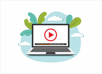 video media player icon on laptop computer concept, flat vector illustration