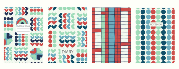 Set of cover page vector templates based on seamless patterns with bright geometric shapes. Art Deco. Perfect for exercise books, notebooks, diaries, presentations