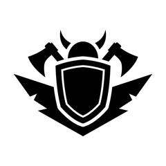 Helmet, shield and axes icon. Black silhouette. Front view. Vector simple flat graphic illustration. Isolated object on a white background. Isolate.