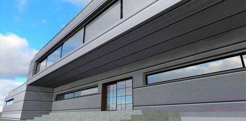 Porch of a futuristic house. Elongated flat shape. Facade decoration with innovative energy-efficient highly aesthetic materials. Technological automatic sensor door. 3d render.