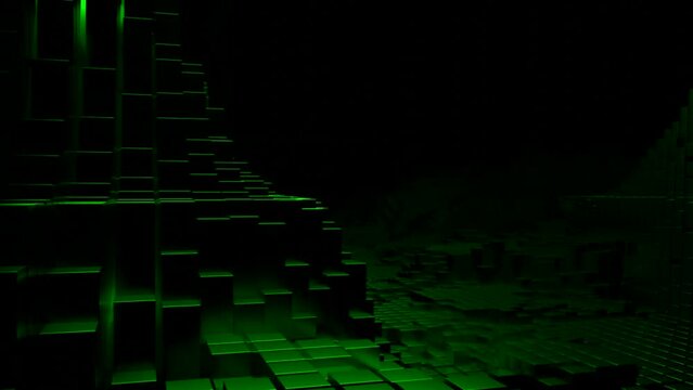 3d mountains of pixels. Design. Movement in 3d relief with mountains of square pixels. 3D model of cyber relief of mountain valley