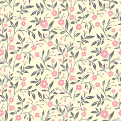 Seamless floral pattern, rustic ditsy style print with small flowers branches on a white surface. Romantic botanical background design with tiny hand drawn plants: flowers, leaves, twigs. Vector.