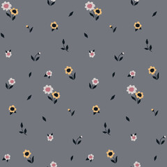 Seamless floral pattern, liberty ditsy print with small sunflowers on a gray surface. Pretty botanical background design with tiny hand drawn plants: flowers, leaves. Vector illustration.