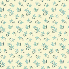 Fototapeta na wymiar Seamless floral pattern, rustic ditsy style print with little decorative art plants. Simple botanical background design with small blue flowers, leaves on light. Vector illustration.