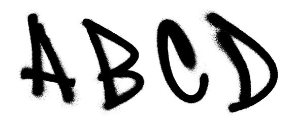 Graffiti spray font alphabet with a spray in black over white. Vector illustration. Part 1 - obrazy, fototapety, plakaty
