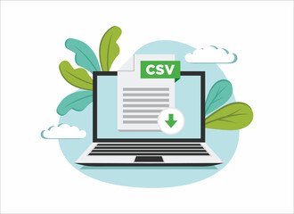 Download CSV icon file with label on laptop screen. Downloading document concept - obrazy, fototapety, plakaty