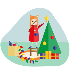 girl in fox hat decorating christmas tree