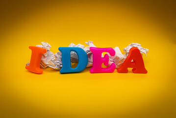 The word idea with colorful letters on yellow background front view