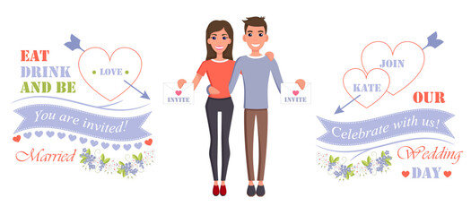 Wedding day, celebrate with us, eat drink and be married, poster of bride near groom, invitation to event, isolated cartoon flat vector illustration.
