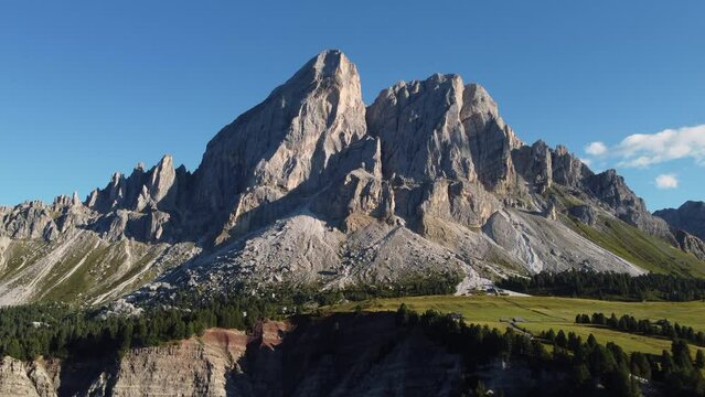 Sass de Putia mountain in Passo delle Erbe Pass or W&uuml;rzjoch in South Tyrol, Dolomites Italy. Trentino Alto Adige aerial view.