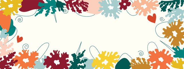 Frame, banner from simple botanical vectorial elements are flowers and leaves abstract, hand different forms, undercuts from a paper, fashionable modern background with a mestome for text