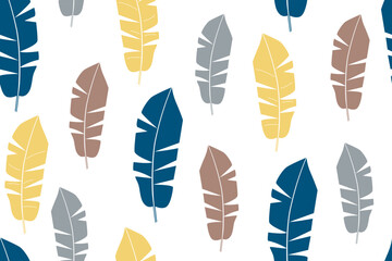 Abstract botanical geometric background with tropical banana leaves in different simple colors on a white background. Vector seamless pattern for printing on wallpaper, paper, bedding, fabric