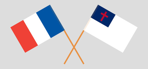 Crossed flags of France and christianity. Official colors. Correct proportion
