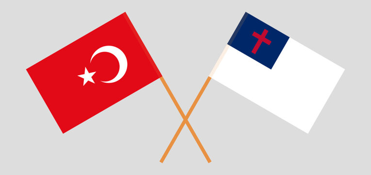 Crossed flags of Turkiye and christianity. Official colors. Correct proportion