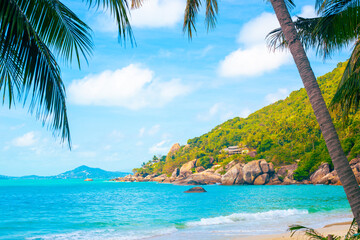 Tropical landscape. Blue sea with palm trees on the shore and a green hill in the background. Travel and tourism - Powered by Adobe
